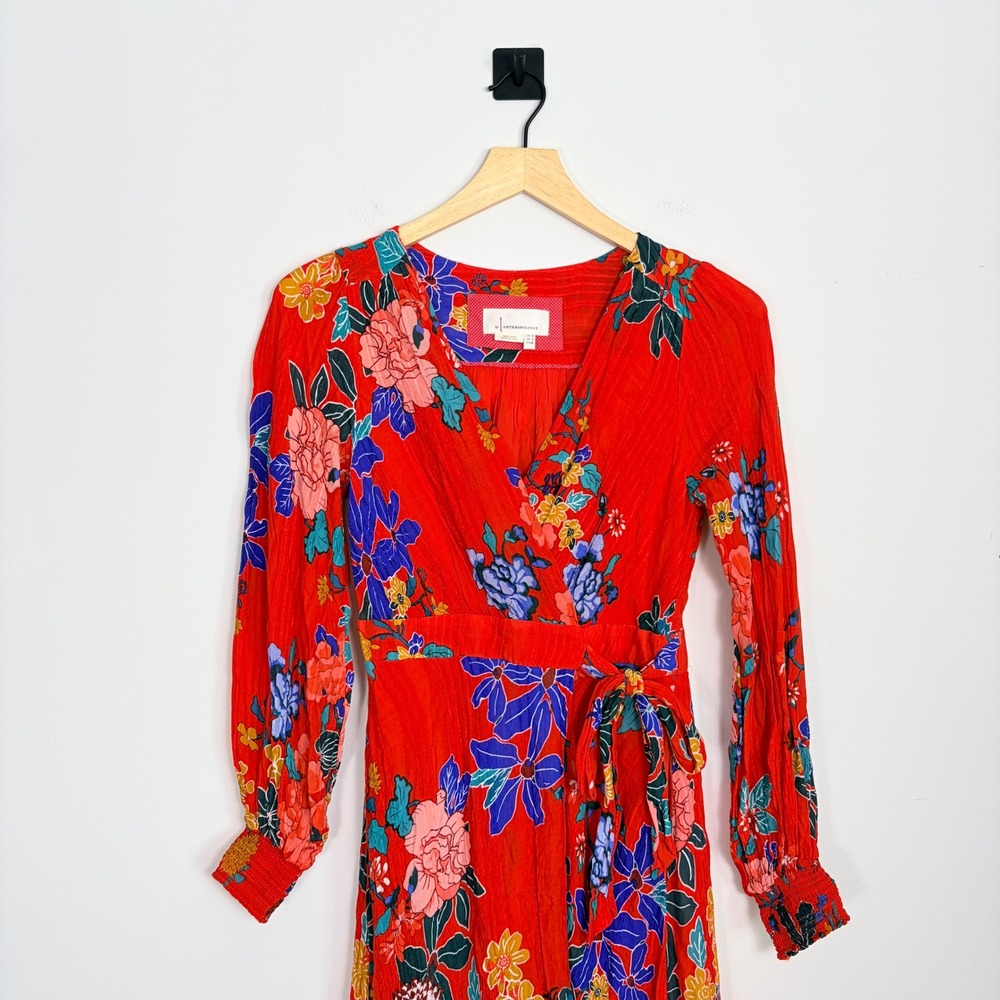 Anthropologie Floral Wrap Midi Dress Long Sleeve Red Blue Yellow Women's Size 2 - Picture 7 of 9